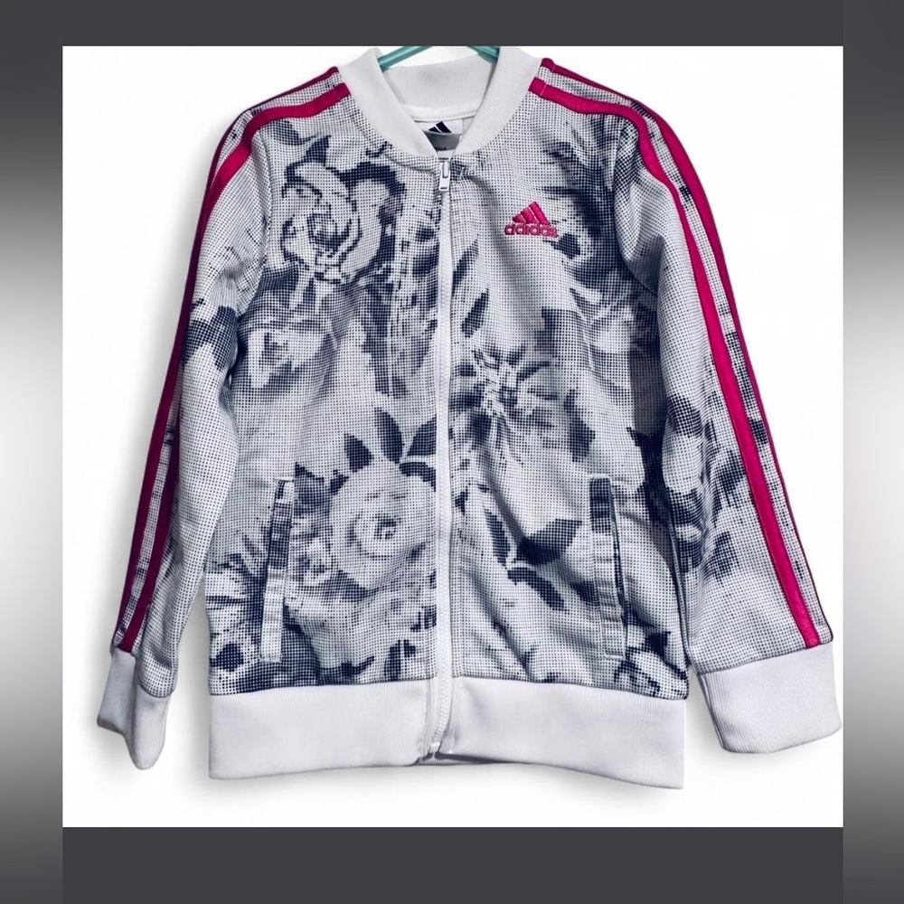 NWOT ADIDAS White With Black Roses Outlined All Over Zip Up Jacket Size Girls 5Y